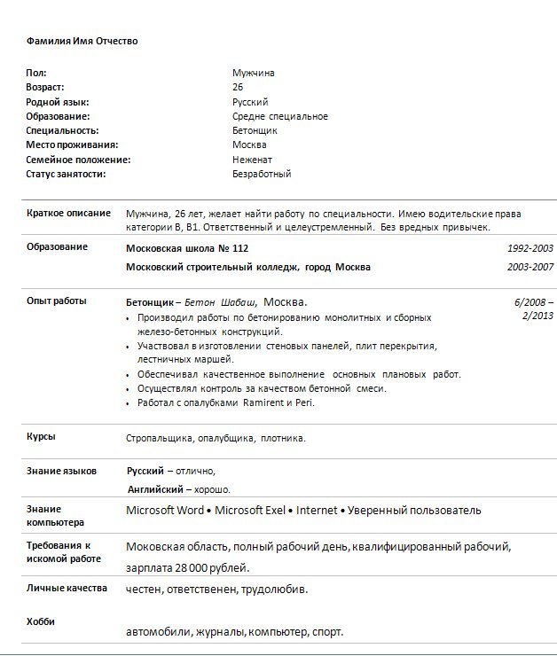 Заполнить бланки резюме на работу. Резюме образец бланк форма 2020. Пример заполнения CV. Образец написания резюме для устройства на работу шаблон. Резюме бетонщика образец.