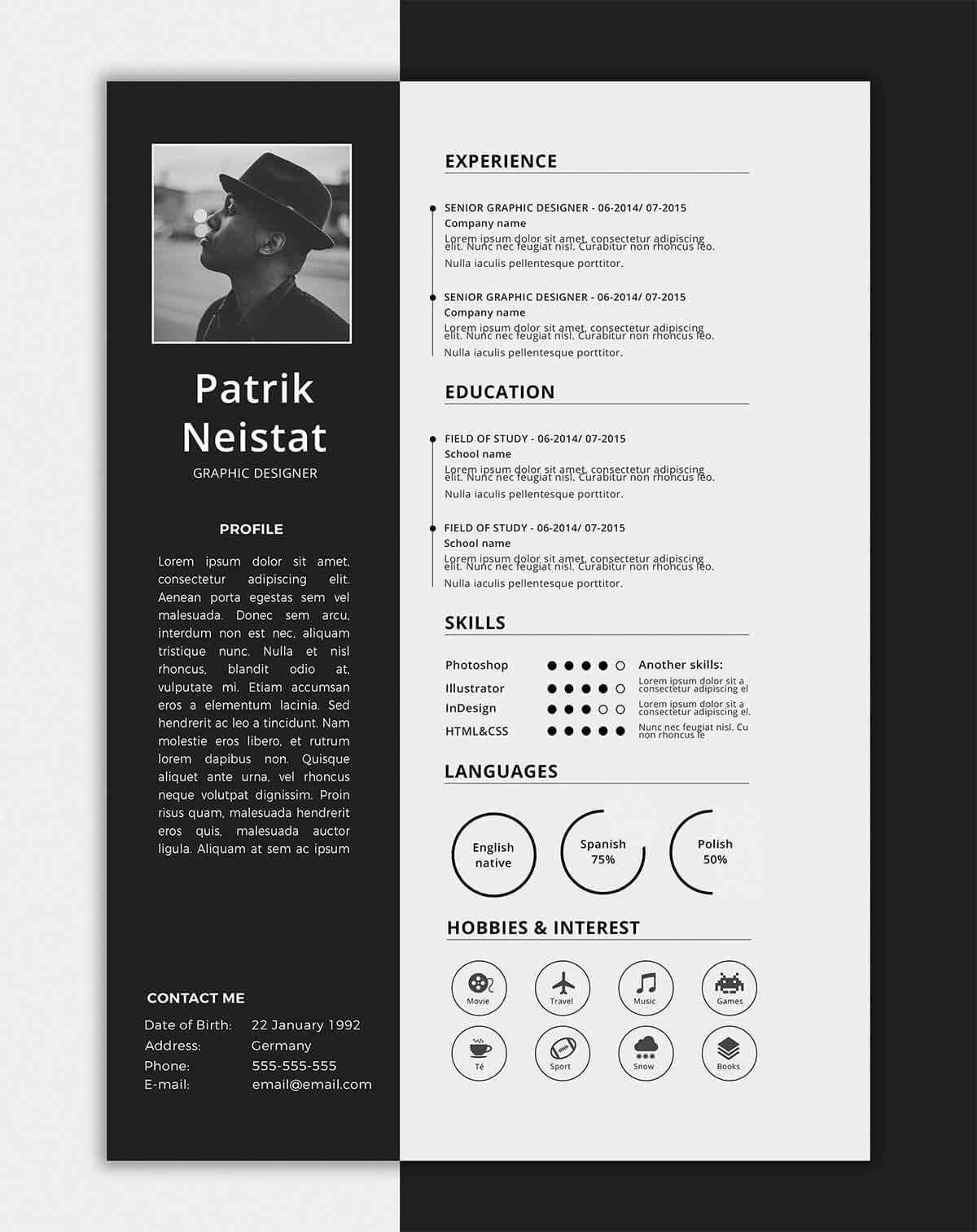 free one page resume template in black and white