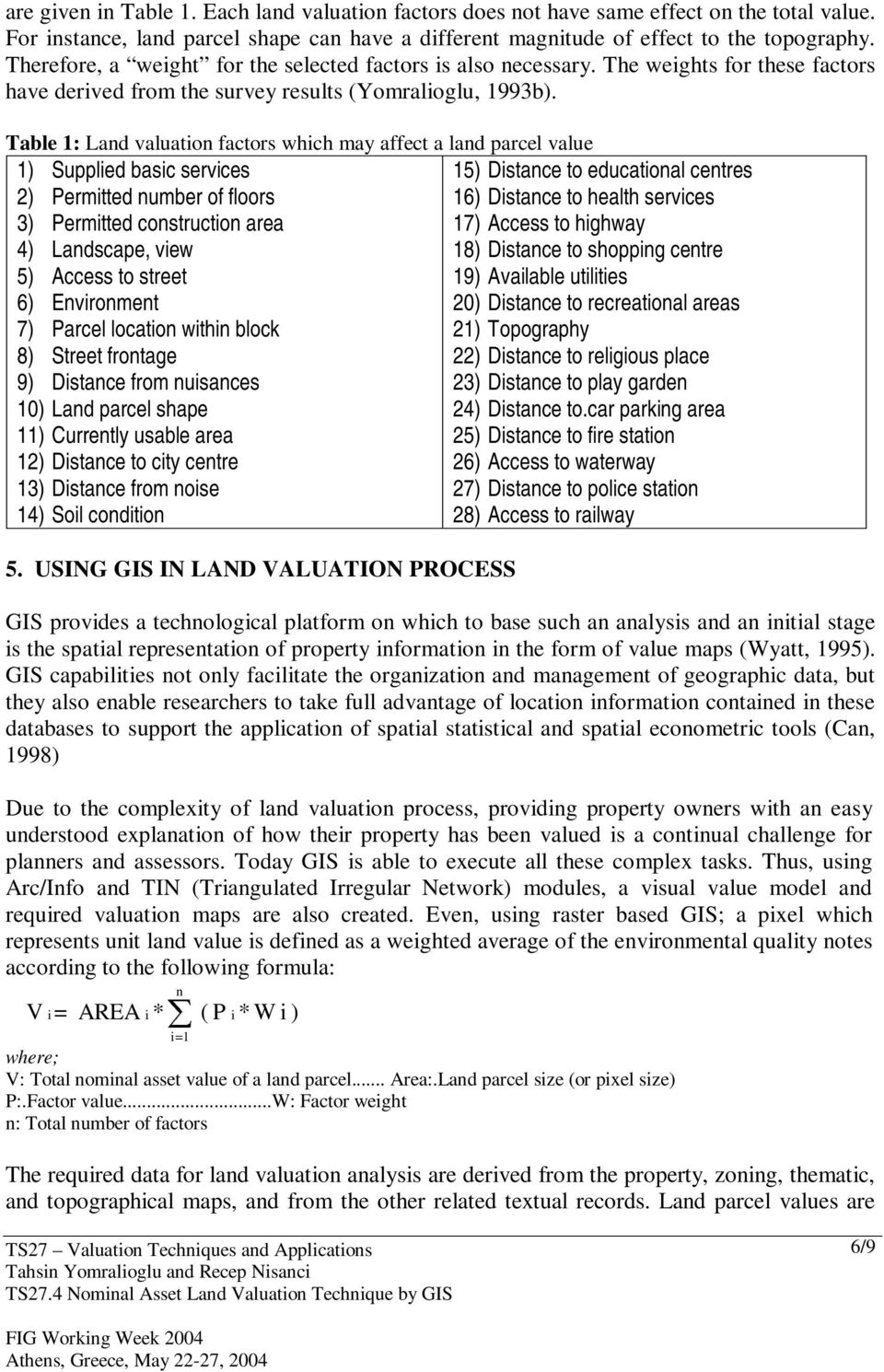 Table 1: Land valuation factors which may affect a land parcel value 1) Supplied basic services 15) Distance to educational centres 2) Permitted number of floors 16) Distance to health services 3)