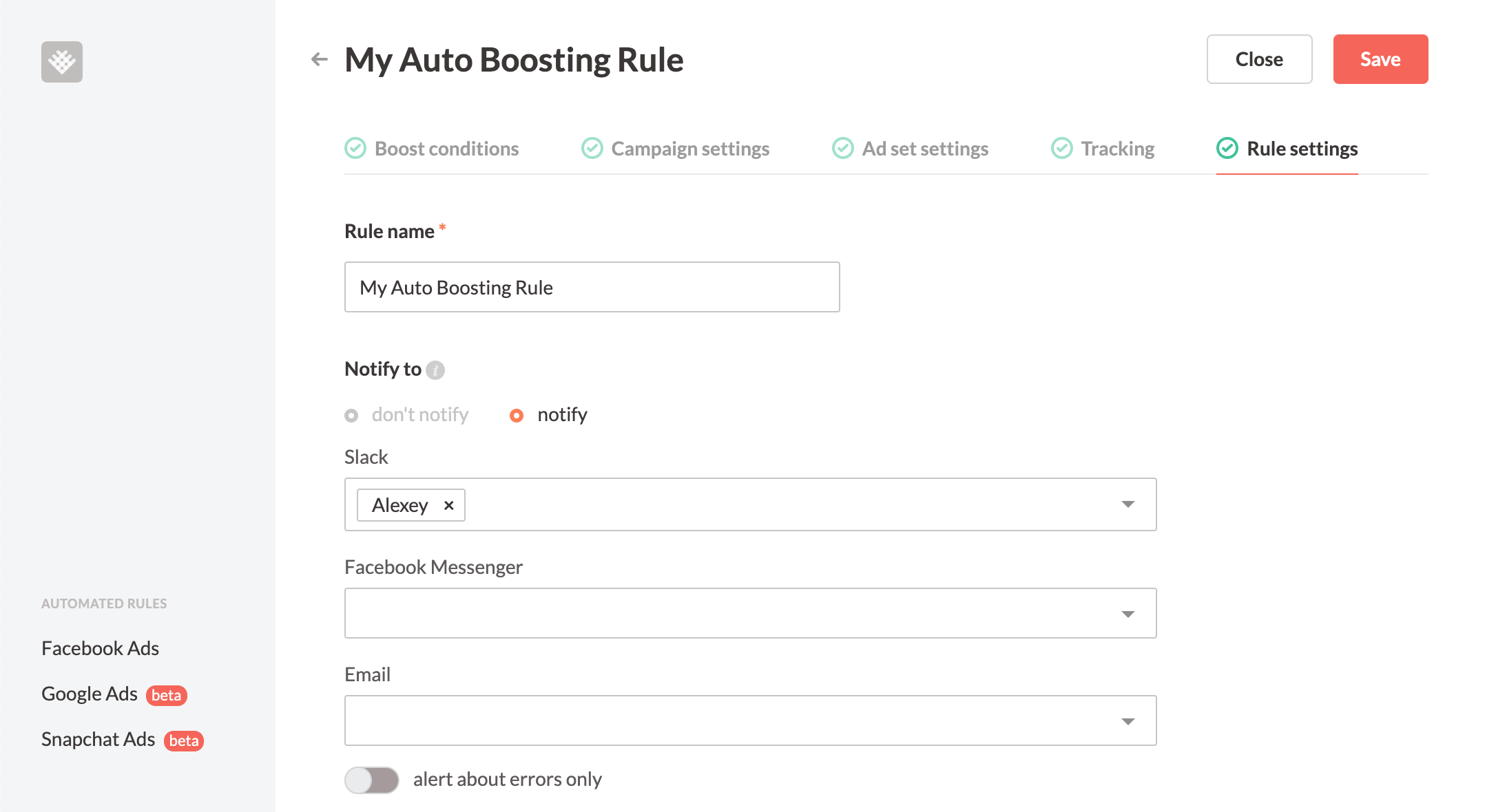 Revealbot auto boosting rule settings