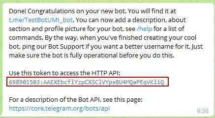 Сообщение с токеном от BotFather