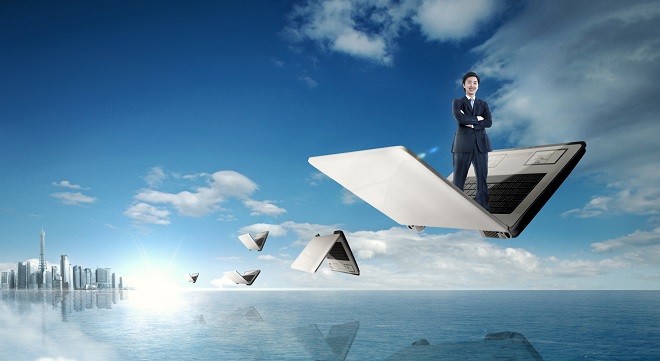Man flying on computer from his country